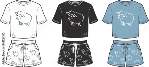 Three sets of sheep-themed pajamas including t-shirts and shorts sleepwear loungewear