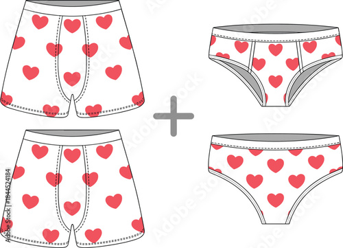 Two pairs of men's boxers and two pairs of women's briefs with red hearts underwear lingerie
