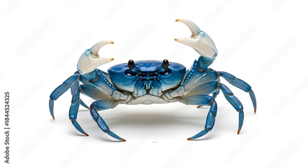 Fototapeta premium Vibrant Blue Crab Displaying Claws on White Background.