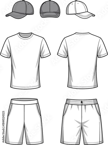 Vector Flat Sketch of Baseball Caps T-shirts and Shorts illustration