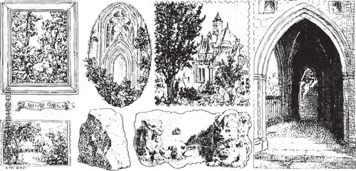 Vintage illustration of landscapes and architectural elements. This black and white vector artwork features trees, pathways, and detailed structures in a set.