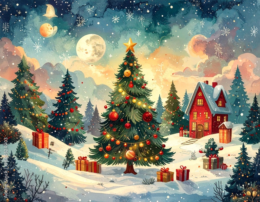 Fototapeta premium Enchanting winter wonderland illustration depicting a beautifully decorated Christmas tree, a cozy snow-covered house, and festive gifts under a magical, snowy night sky