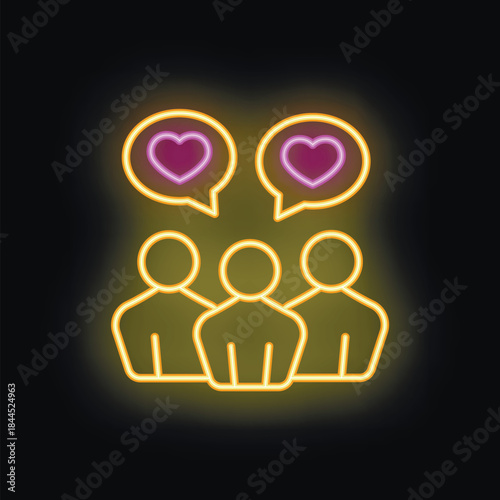 Glowing neon icon of a group of three people sharing love and affection with hearts in speech bubbles, symbolizing positive relationships