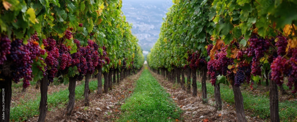 Fototapeta premium The vineyard rows filled with plump ripe red grapes ready for tasting sessions
