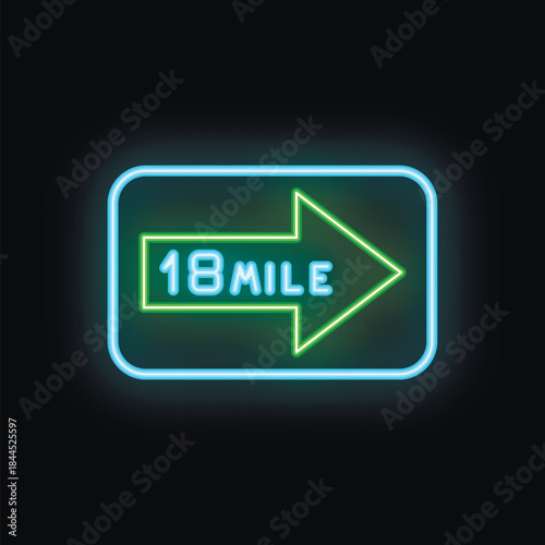 Green neon arrow pointing right with 18 mile text glowing on black background