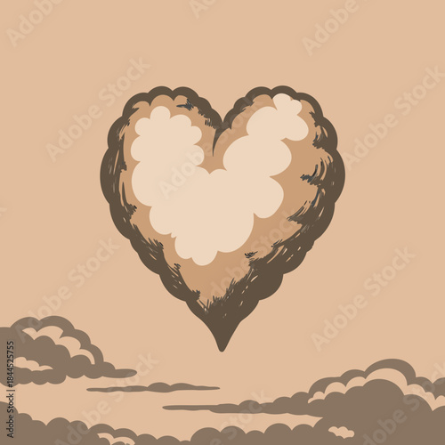 Heart shaped cloud floating in a sepia sky with clouds below