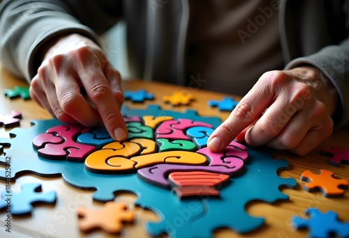 An elderly man assembles a puzzle at the table, conducts mental training, helps with Alzheimer's disease.