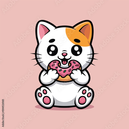Cute Cat Eating Donut Cartoon Illustration