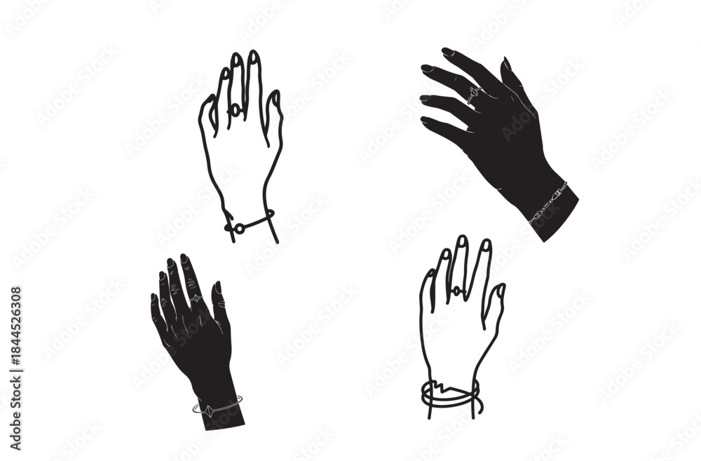 Fototapeta premium Jewelry Hand Silhouette with Ring and Bracelet Vector Icon Sheet – Luxury Fashion Detail