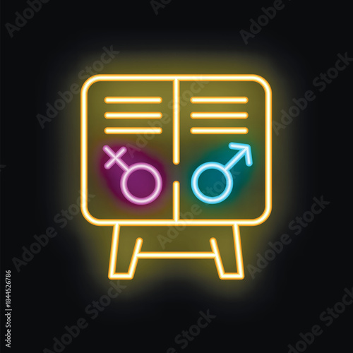 Yellow neon sign illustrating gender symbols on a blackboard with a stand on a black background