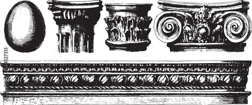 Vintage set of architectural elements, including columns and a decorative egg. Black and white vector illustration with ornate details.