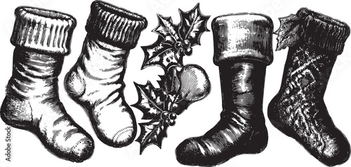 Vintage holiday stockings in a cozy knitted style. Decorative illustration features classic patterns and holly, perfect for a winter set.