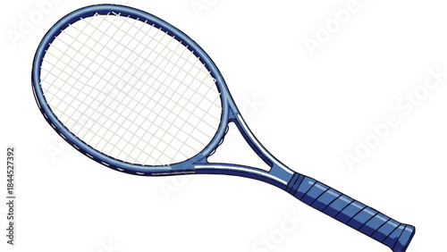 Blue tennis racket with grip.