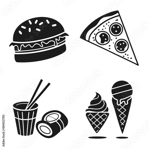 Black silhouette icons of burger pizza sushi ice cream 1