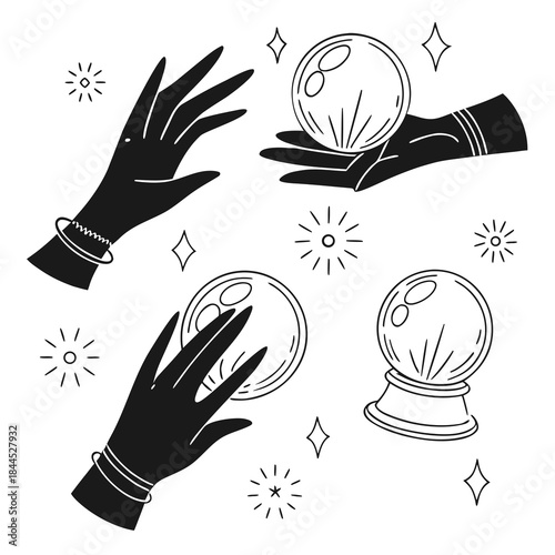 Black silhouette hands and crystal balls with sparkles