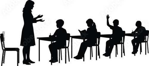 Teacher classroom silhouettes, education lesson with students raising hands, school learning concept, black shadow illustration teaching child study knowledge training
