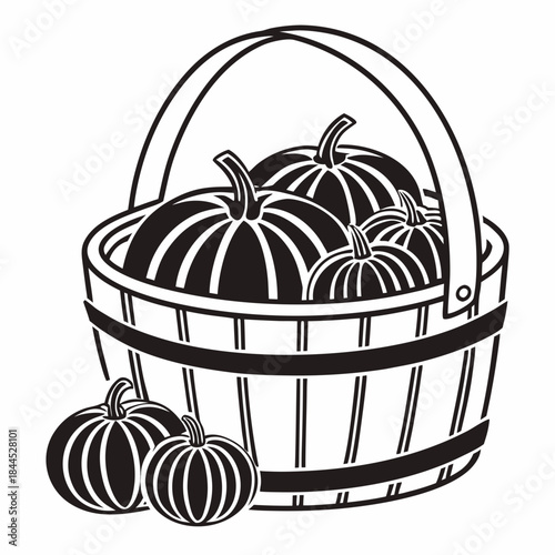 Black outline basket overflowing with pumpkins and gourds