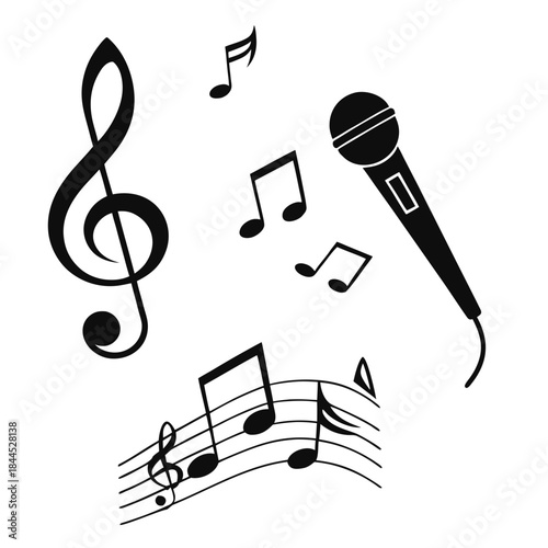 Black music notes and microphone on white treble clef
