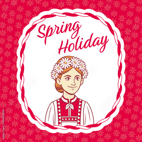 Spring Holiday Illustration with Girl and Flowers in Traditional Dress