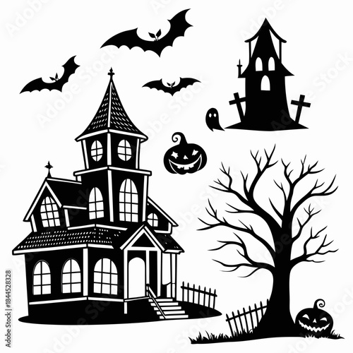 Black Halloween icons haunted house bats ghost pumpkin tree 1