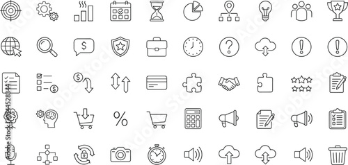 Minimal business marketing and analytics line icon set featuring management strategy workflow finance symbols editable outline vector design