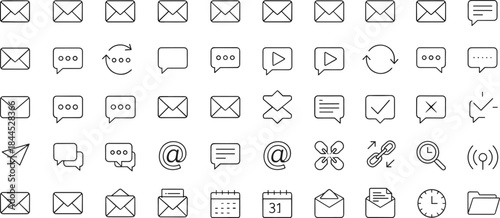 Minimal communication and messaging line icon set featuring email chat symbols notifications editable outline vector design collection
