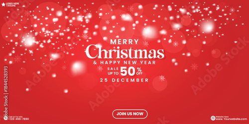 Red color Merry Christmas and Happy New Year celebration discount banner design template with snow effect. Christmas festival background design vector with red color and bokeh effect. 