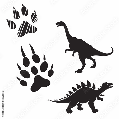 Black dinosaur silhouettes and paw prints on white 1