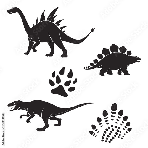 Black dinosaur silhouettes and footprints on white background
