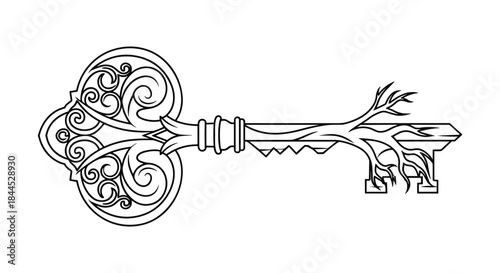 Ornate key with tree branch illustration