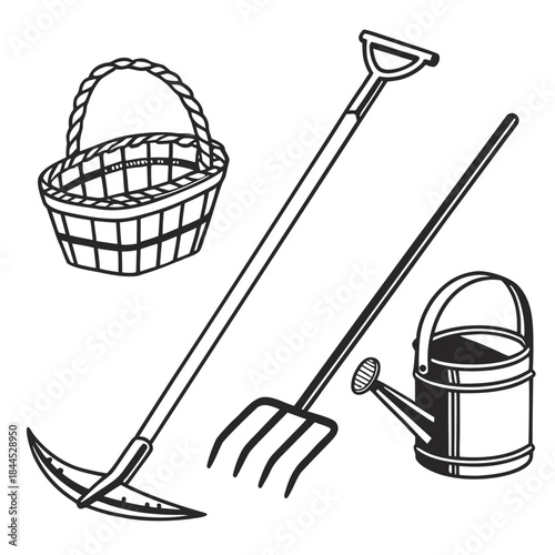 Black and white set of five village farming tools agriculture