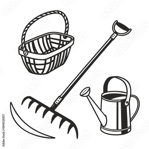 Black and white set of garden tools and basket farming tools