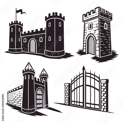 Black and white medieval castle and gate silhouettes