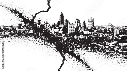 City skyline set in a black and white vector illustration. The detailed graphic showcases urban buildings and textures in a clean silhouette.