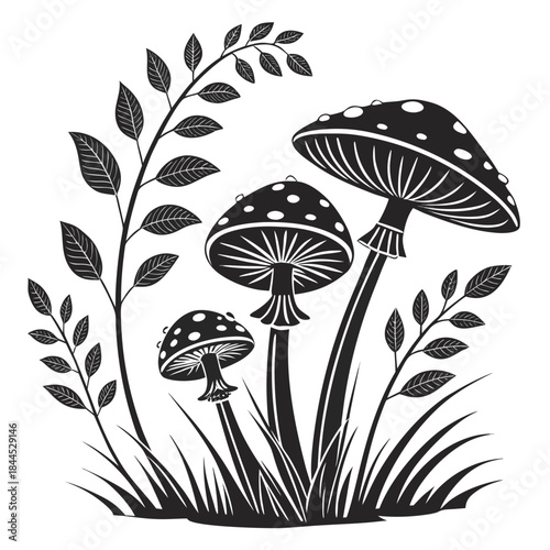 Black and white forest mushrooms and foliage graphic