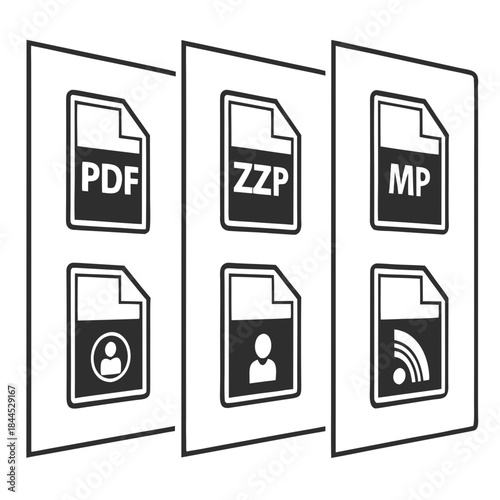 Black and white file format icons P D F Z P M P file icon