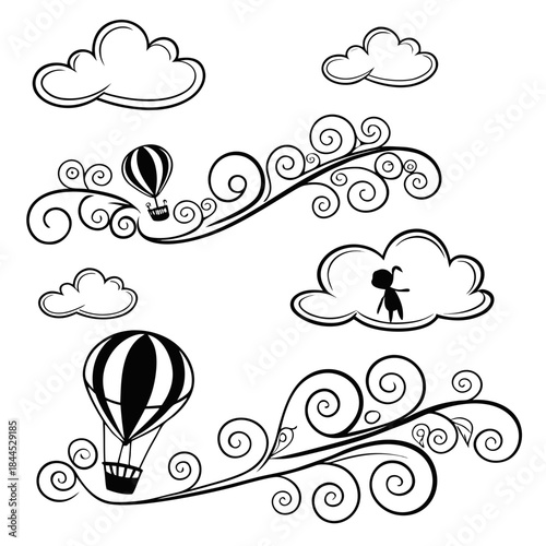 Black and white decorative swirls with clouds and hot air balloons