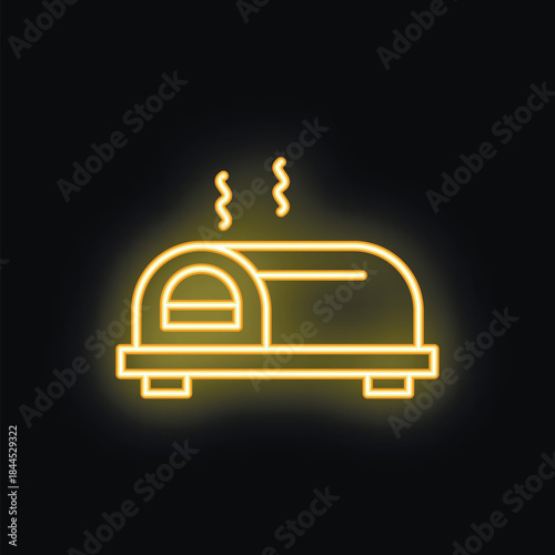 Golden neon sign depicting a traditional brick oven baking bread, emitting steam and radiating warmth, set against a black background