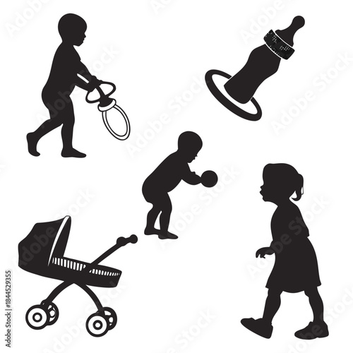 Baby and toddler silhouettes with stroller and bottle