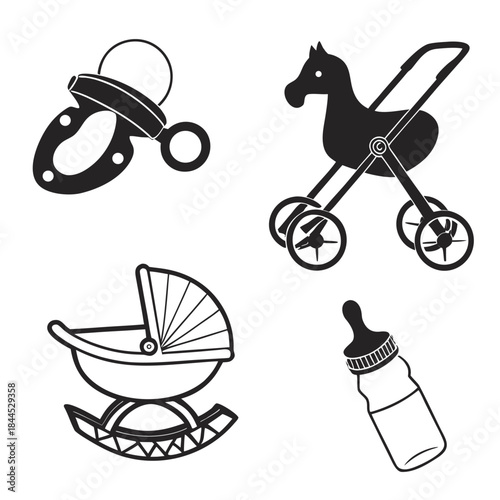 Baby and toddler icons pacifier stroller cradle bottle horse