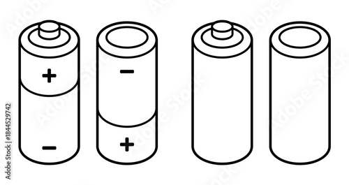 Alkaline AA batteries set, black and white line art. Simple cartoon style icon. Isolated vector clipart illustration.