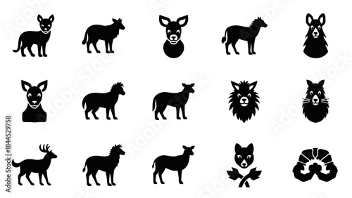 Collection of stylized black animal silhouettes and icons on a white background