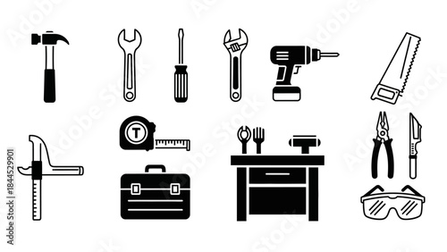 Collection of various hand tools and workshop equipment depicted in a simple graphic style