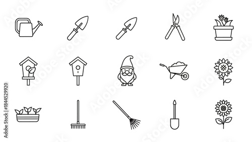 Collection of various gardening icons including tools and plants presented in a clean line art style