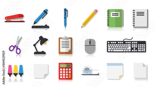 Collection of Various Office and School Supplies Icons on a White Background