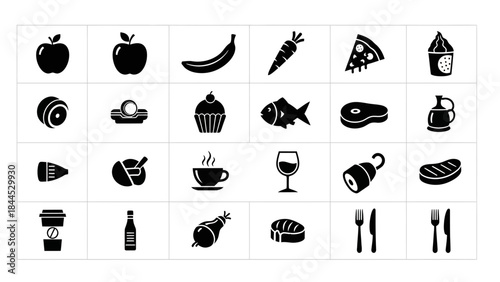 Collection of various food and drink icons for culinary representation and design elements