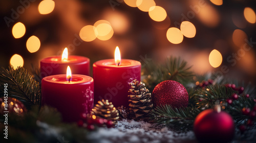 Cozy holiday background with red candles, pine branches, baubles.