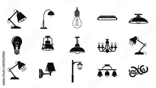 Collection of various lamp and light fixture icons in a simple black and white style