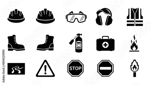 Collection of industrial safety and hazard warning icons for construction and workplace