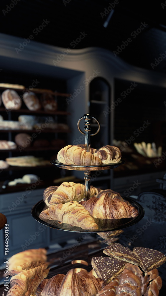 Fototapeta premium A display case on an old bakery counter is filled with a variety of freshly baked pastries.